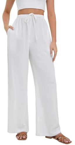 Stamain Pantalon en Lin Blanc Femme été Pantalon Gaze de Coton FluideTaille Elasticque Leger Pants avec Poches 3XL