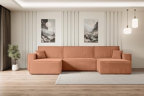ALTDECOR Ecksofa mit Schlaffunktion und Bettkasten Corner Sofa Eckcouch Couch U-Form universal, Links/rechts Schlafcouch Ausziehbar Wohnlandschaft Schlafsofa Celtic-XLU - 377x143x83cm Apricot