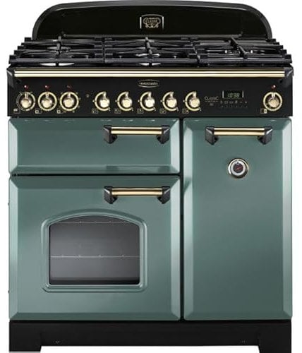 Rangemaster Classic Deluxe 90cm Dual Fuel Range Cooker - Mineral Green/Brass - A/A Rated