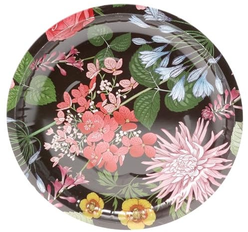 Round Serving Tray Metal Food and Drinks Beverages Coffee Tray Decorative for Parties Bars Gatherings Home Breakfast Dinner Table Tray Colourful Floral Print 26cm (Design 3)