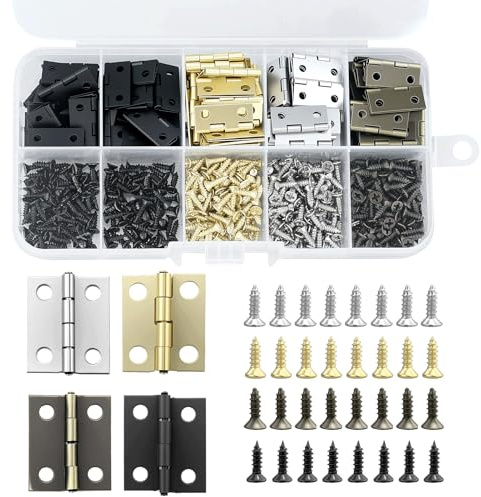 120 Piezas Mini Bisagras Plegables, 4 colores, bisagras plegables, Bisagras Pequeñas Manualidades con 480 tornillos y destornillador para caja de joyas, gabinete, caja de madera, bricolaje