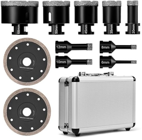 Yigowyigo Diamant Fliesenbohrer Set 11 Stücke, 6/8/10/12/20/35/45/50/68mm Diamant Lochsäge mit 2 Schneidscheiben, für Porzellanfliesen, Granit, Marmor, Keramik