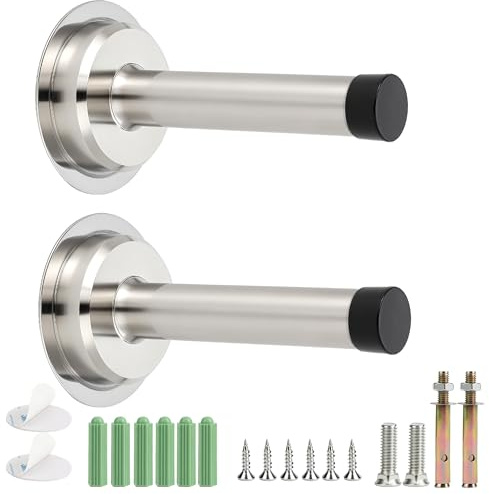 Wall Mounted Door Stop, Heavy Duty Stainless Steel Door Stops with Rubber Buffer, Door stoppers for skirtings, Doorstop with Screws and Adhesive Tape, Protect Doors and Walls(Silver 2 pcs)