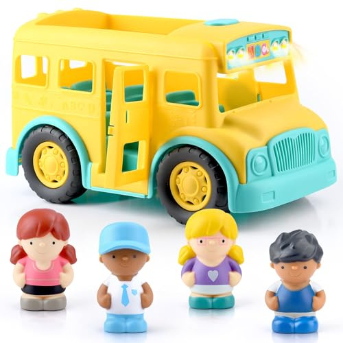 PLAY Yellow School Bus Toy for Toddlers with Figures and Driver | Lights/Music and One-Tap Music Off | Interactive Role Learning Toy | Baby Gift for Boys and Girls First Day of School Gift