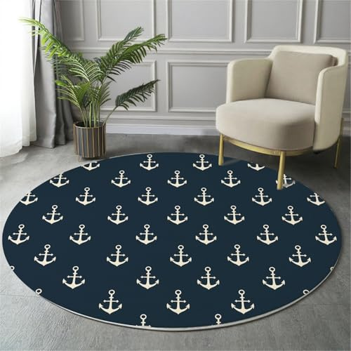 MIATCENRT Waschbar Teppich Rund 80cm, rutschfest Dünner Teppich, Gegend Kreis Dunkelblau Einfach Anker Symbol Fußboden Teppiche für Wohnzimmer Schlafzimmer Kinderzimmer