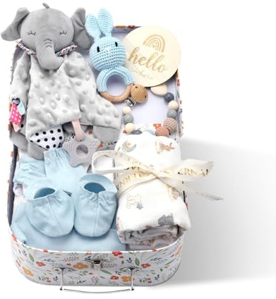 Windeltorte 10-teiliges Geschenk zur Geburt – Babygeschenke zur Geburt Junge & Mädchen, inklusive Mütze, Söckchen, Windeltorte Mädchen, Lätzchen, Willkommenskarte und Geschenkbox, Newborn Baby Set