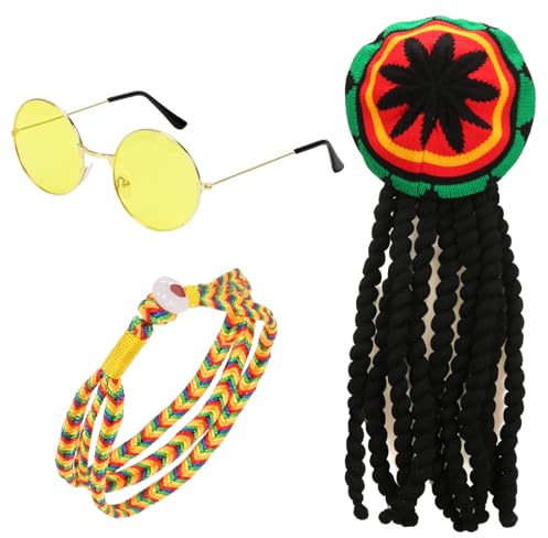 Augesak Bob Marley Kostüm,3 Stück Jamaika Kostüm Set mit Gelber Brille,Jamaikanische Dreadlocks Perücke,Reggae Hut,Rasta Mütze,für Fasching KarnevalHalloween Cosplay Dress up