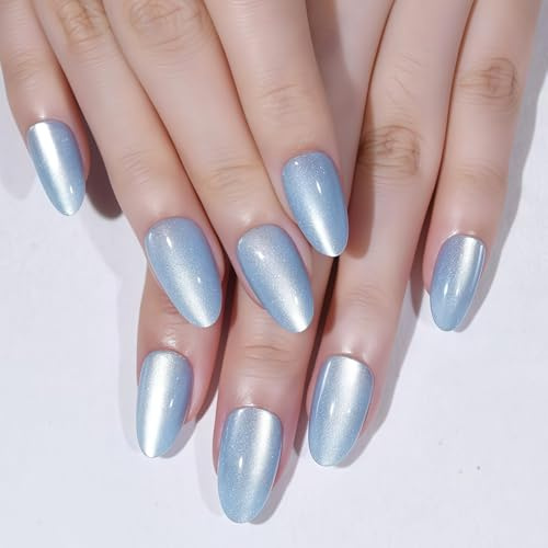 AuraFusion Himmelblaue Faux Ongles Yeux de Chat, en Amande, Courts, à Coller, Faux Ongles Courts en Amande à Coller pour Femmes, Cadeau, Faux Ongles holographiques Brillants Ciel Bleu