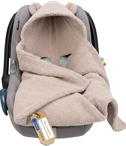 Solvera_Ltd Einschlagdecke Babyschale Herbst Winter Boucle Autositz Beige | Dreischicht Lammfell-Optik, Universal-Gurtschlitze, Klettverschluss, Autositz Kinderwagen Buggy, 0-4 Monate, OEKO-TEX Polen