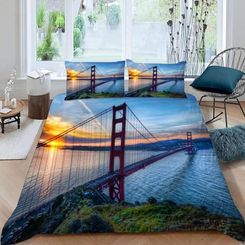 Golden Gate Bridge, San Francisco Bettwäsche 135x200 Junge Bettwäsche-Sets Weich Mikrofaser Stadtarchitektur 3D-Druck Es Besteht Aus Einem Bettbezug mit Reißverschluss und 2 Kissenbezüge 80x80 A.1706