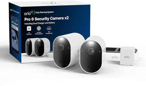 Arlo Pro 6 Telecamera WiFi Esterno Senza Fili, 2K+ HDR, rilevamento AI, visione notturna a colori, compatibile con Alexa, Prova Inclusa Secure, 2 telecamere + 1 batteria aggiuntiva e caricatore doppio