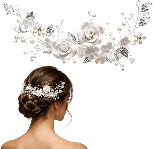 Haarschmuck Hochzeit, Floraler Braut Haarschmuck mit Perlen, Blüten und Blättern in Silberoptik, Haarkamm für Hochsteckfrisur, Kommunion, Konfirmation