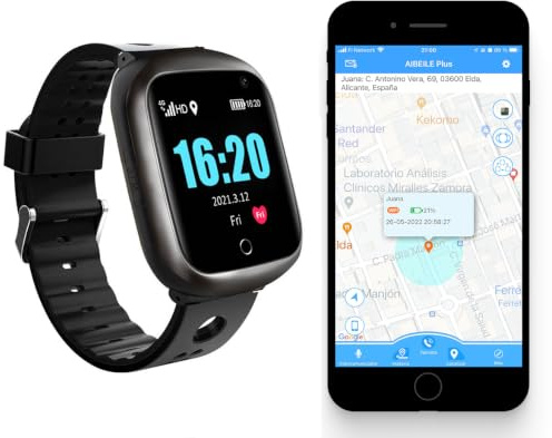 Reloj Localizador GPS Personas Mayores, Niños, Alzheimer, Sin Cuotas, Botón SOS, Detector Caída, Teléfono, App Español, SmartWatch PBL2, Manual Español (Plata-Negro)