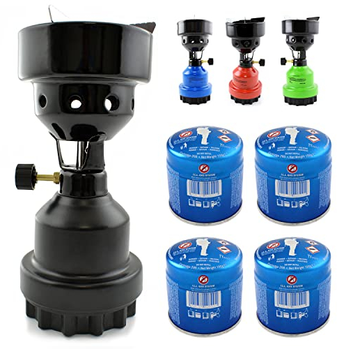 nean moderner Gas Campingkocher für Gaskartuschen/Stechkartuschen Gaskocher Gasbrenner Shishabrenner Shisha Kohleanzünder Anzünder Kartuschenkocher + 4 Gas-Kartuschen (Schwarz)