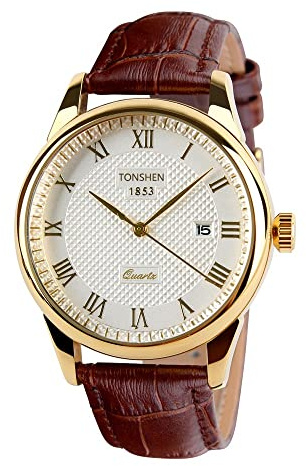 TONSHEN Herrenuhr und Damenuhr Analog Quarzuhr Golden Edelstahl Lünette mit Braun Leder Band Uhren Armbanduhr Römische Ziffer Kalender Uhr für Herren Damen