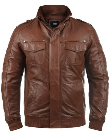 !Solid SDCamash Herren Lederjacke Bikerjacke Echtleder Jacke mit Stehkragen Eingrifftaschen Rippbündchen 100% Schafsleder Regular fit, Größe:3XL, Farbe:Golden Bro (5063)
