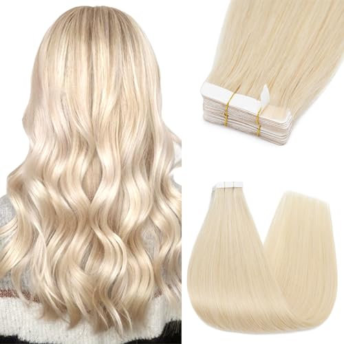 Silk-co 16inch Tape on Hair Extensions #60 Platinum Blonde Real Remy Straight Human Hair Tape in 10 Pcs 25g/Set Invisible Glue Skin Weft