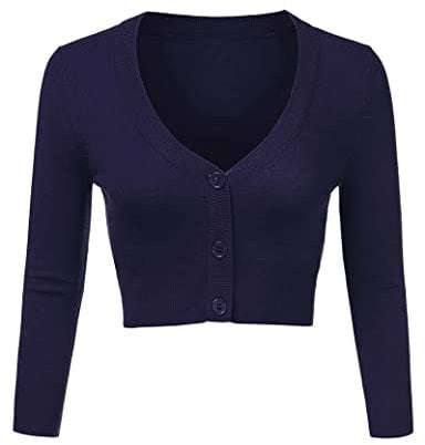 Totatuit Women's Cropped Cardigan V Neck Button Down Knitted Shrug Long Sleeve Open Front Jumper Navy Cardigans,M