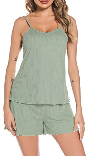 Vlazom Ladies Pyjamas Set, Soft 2 Piece Short Pjs Sweetness Cami Sets Summer Clothes for Women Adjustable Straps Top and Shorts Green,XXL