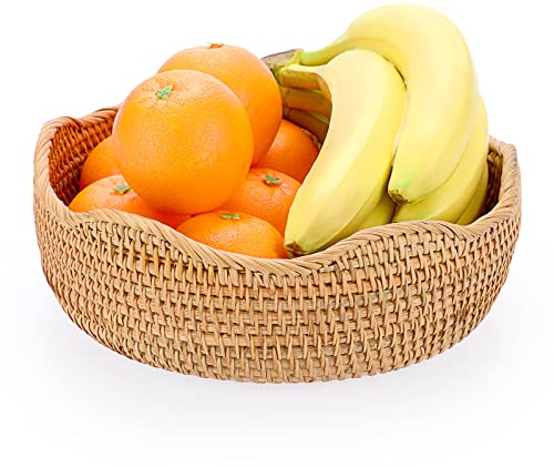 IGNPION Rattan Storage Bowl Woven Fruit Basket Round 26cm Bread Serving Basket Snack Egg Storage Bowls Dinner Table, Desktop Countertop, Decorative Display Storage Baskets