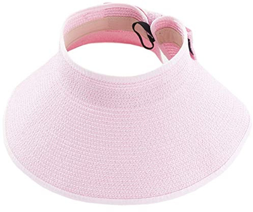 AUSUAYA GB- SM01 - Cappello da spiaggia pieghevole da donna, con visiera in paglia, a tesa larga, con foro per coda di cavallo, da viaggio, GB- SM01, rosa, M