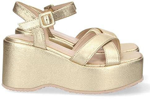 shoes&blues.es 71207 Sandalia de Plataforma para Mujer, Comoda, con Estampado Liso, Palas Cruzadas, y Cierre de Hebilla, Primavera Verano 2023 Oro Talla 36