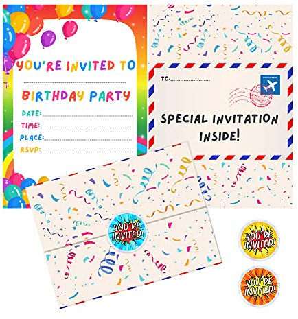 BestaFiesta 36 Kids Childrens Birthday Party Invitations Kids Invites with Folding Envelope Design and Holographic Stickers (Rainbow)
