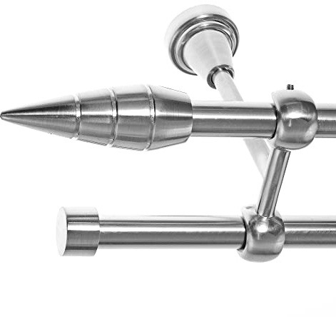 BASIT Gardinenstange I Edelstahl Look Metall Ø 16mm I Vorhangstange I Gardinenstangenset I Deckenbefestigung I 2 läufig mit Deckenmontage I Spitze I Länge 400 cm I Design D24 E18 E16