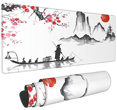 Japan Traditional Painting Extended Big Mouse Pad Large,XL Gaming Mouse Pad Desk Pad,31.5x11.8inch Long Computer Keyboard Mouse Mat Mousepad with 3mm Non-Slip Base for Home Office Work-Boating Sunset