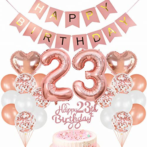 Conruich Geburtstagsdeko 23 Jahre Frau, Luftballon 23. Geburtstag Deko Set, Rosegold Tortendeko Geburtstag 23 Jahre Frauen, Ballon 23 Geburtstag Frau, Happy Birthday Banner Deko 23 Geburtstag Frau