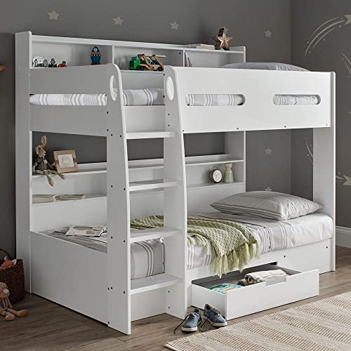 happybeds Bunk Bed, Polaris White Wooden Storage Bunk Bed Frame, Single