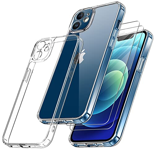 Qasyfanc Handyhülle Kompatibel mit iPhone 12 Mini, Hülle mit Kameraschutz und 2 Stück Schutzfolie, Hard PC Nie Vergilbung Case Transparent Militärschutz Kratzfest Fallschutz Schutzhülle, Klar