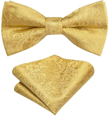 Hi-Tie Gold Bow Tie for Boys Pre-Tied Silk Kids Bow Tie Adjustable Boys Bowties with Pocket Square Set for Wedding