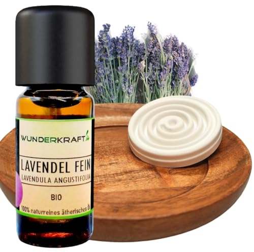 Pures BIO Lavendelöl 10ml + riesen Duftstein & Holzteller im Set - 100% naturreines ätherisches bio Öl von WUNDERKRAFT.BIO, Aromatherapie & Diffuser geeignet, ideal zum einschlafen