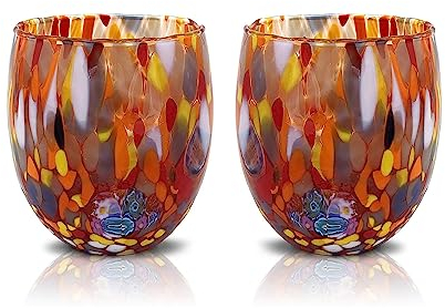 MAZZEGA ART & DESIGN - 2 vasos de agua clásicos de vidrio soplados y hechos a mano con Murrine de Murano, línea I Colori di Murano 320 ml. Made in Italy (Rojo, 2)