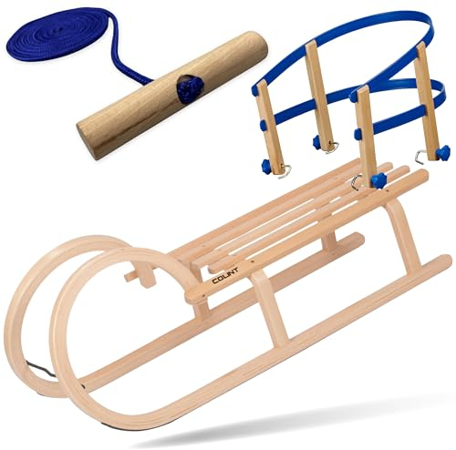 Explorer Colint Holzschlitten mit Rückenlehne für Kinder ab 1 Jahr und Erwachsene Set Schlitten Holz Hörnerschlitten mit Leine und Kunststoff/Holz Rückenlehne in Blau 100cm