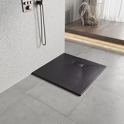 Heilmetz Receveur de Douche 80x80x2.6cm Effet Pierre Bac de Douche en Verre-RéSine SMC, Bac à Douche avec Drain Inclus, pour Cabine Douche, Noir Anthracite, 80X80CM-NOIR