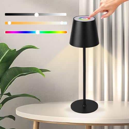 CHENBEN Kabellos 5200mAh Akku Tischlampen 10 Farben verfügbar RGB Dimmbare LED Tischleuchte mit Touch-Schalter, IP54 Aufladbar Tischlampe für Innen/Außen,Bar,Aluminium,Schwarz