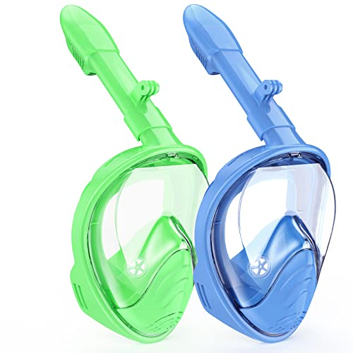 LITTLEJSY Vollgesichts Schnorchelmaske, Schnorchelausrüstung mit Kamerahalterung, 180 Grad Panoramablick Schnorchelset Anti-Fog Anti-Leck für Kinder Jungen (Blue+Green)