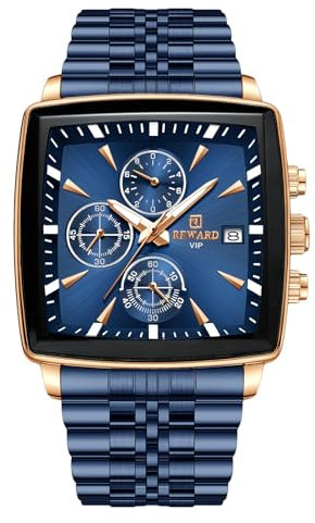 rorios Herren Quadratische Uhren Analog Quarz Armbanduhr Multifunktional Business Uhr Einfach Leuchtend Herrenuhr mit Edelstahl Armband Blau