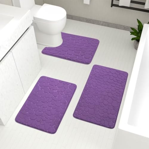 ARRITS Badezimmerteppich Set 3 Teilig, Memory Foam rutschfeste Badematte Set WC Vorleger, extra Saugfähige Weich Badteppich Set Lila, Waschbare Bad Teppich Duschmatte für Badezimmer Wohnzimmer