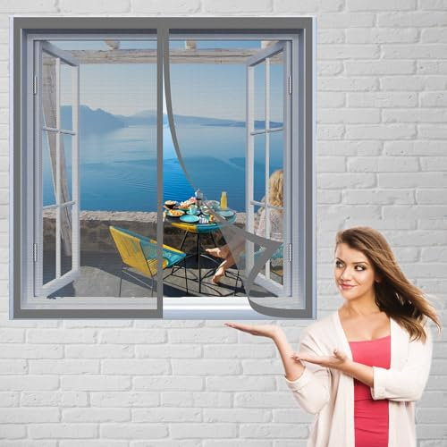 Magneti Rete Anti Zanzare 65 x 105 cm Montaggio Adesivo Zanzariera a Strisce Mantiene Traspirante per Windows, Grigio