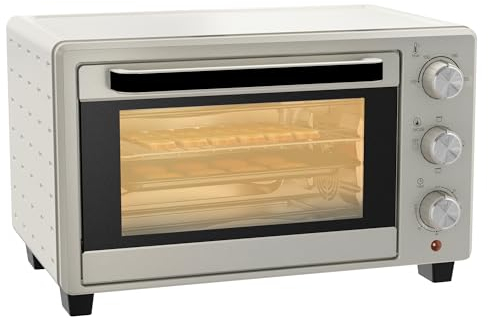 HOMCOM Mini four à pizza de 21 l, miniofen inkl. Backblech, Grillrost und Krümmelblech, 1400W Tischbackofen mit 1h Timer, Ofenrost, 100-230℃, Metall, Creme
