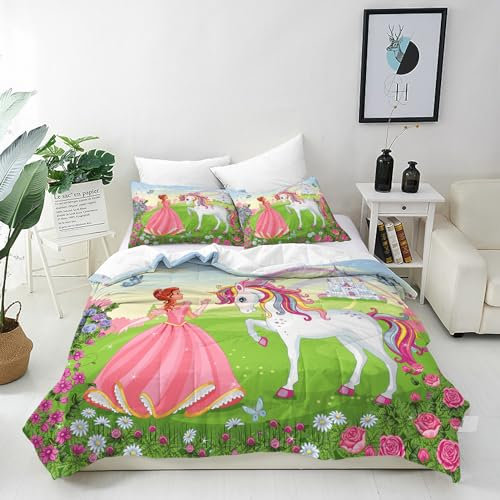 ANHOPE Prinzessin Einhorn Schloss Bettwäsche Set Microfaser Bettbezüge mit Reißverschluss 3 Teilig Bettbezug 200x200 cm + 2 Kissenbezug 80x80 cm Weich Bettdeckenbezug Set für Kinder Mädchen
