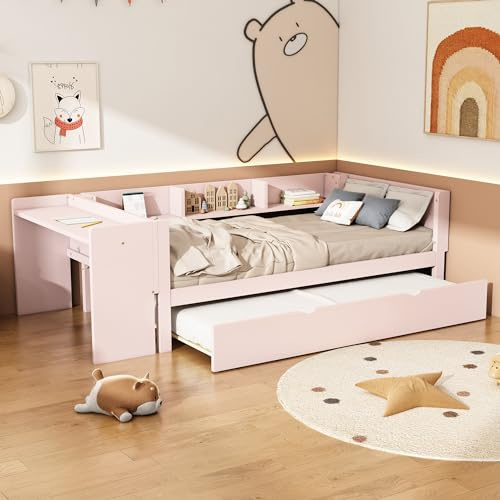 Kinderbett 90x200 mit Schreibtisch und Regalen, Schlafsofa Tagesbett Bettgestell mit Ausziehbares Rollbett, Sofabett Jugendbett mit Lattenrost, Bettsofa Gästebett Jugendbett, Rosa, Ohne Matratze