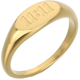 HIJONES Damen Engel Nummer Ring Edelstahl Vergoldet 11:11 Oval Signet Verlobung Ehering Versprechen Schmuck