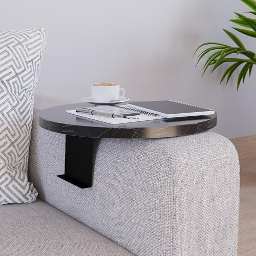 [en.casa] Sofatablett Kuleskyd verstellbar Armlehnentablett rund Ø34 cm Couchablage Couchtablett Sofalehnentisch Sofaablage Marmoroptik, schwarz