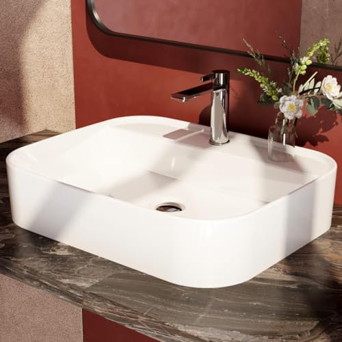 EMKE Lavabo sobre encimera de baño, 50 x 40 x 11 cm, Lavabo de baño rectangular en cerámica Arc, Blanco brillante