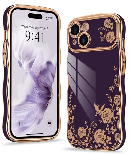 Wirvyuer Kompatibel mit iPhone 14 Hülle Blumenmuster Wellen Lockige Form Handyhülle mit erhoben Kameraschutz Mädchen Galvanik Schutzhülle Silikon Girls Case für iPhone 14 Dunkellila