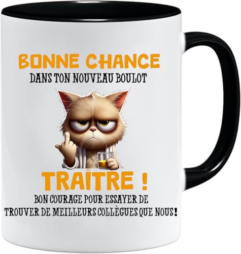 Mug collègue | Cadeau Drôle de Départ pour Collègue | Bonne Chance Traître! – Mug Humour Noir | Tasse Cadeau Départ Bureau | Compatible Lave-Vaisselle et Micro-Ondes (Noir)